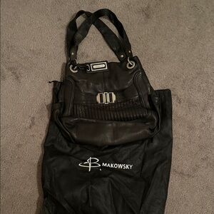 b. makowsky Black Leather Shoulder Tote with Silver Hardware